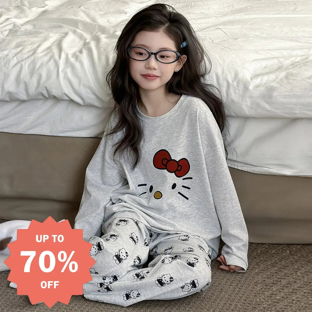 キティ パジャマ 女の子 キッズ 春 秋 長袖 2点セット コットン かわいい キャラクター ホームウェア かわいい グレー ゆったり ID4024 グレー / 120cm ベビー＆キッズ＞キッズ