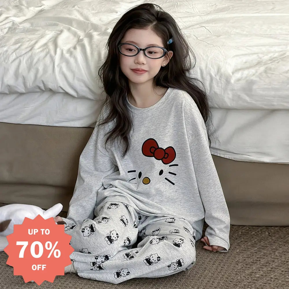 キティ パジャマ 女の子 キッズ 春 秋 長袖 2点セット コットン かわいい キャラクター ホームウェア かわいい グレー ゆったり ID4024 グレー / 120cm ベビー＆キッズ＞キッズ