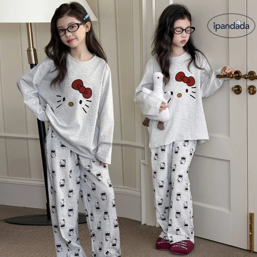 キティ パジャマ 女の子 キッズ 春 秋 長袖 2点セット コットン かわいい キャラクター ホームウェア かわいい グレー ゆったり ID4024 ベビー＆キッズ＞キッズ