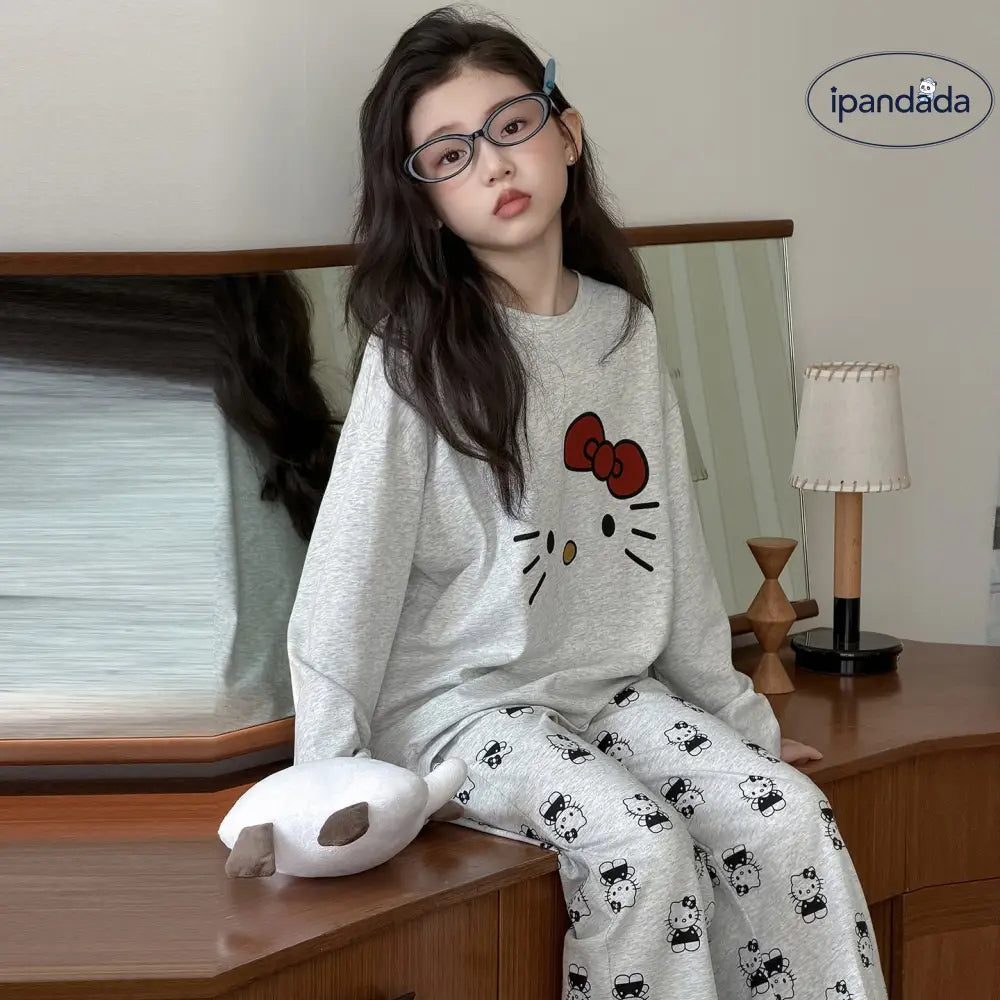 キティ パジャマ 女の子 キッズ 春 秋 長袖 2点セット コットン かわいい キャラクター ホームウェア かわいい グレー ゆったり ID4024 ベビー＆キッズ＞キッズ