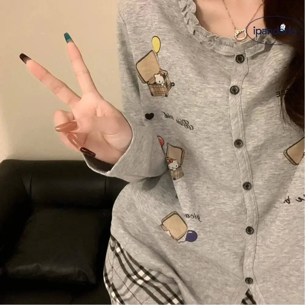 キティ 新作 パジャマ セット レース 付き 花柄 プリント カートゥーン 女性用 ルームウェア ホームウェア カジュアル 可愛い 甘い 柔らかい 長袖 長ズボン ゆったり プレゼント ID4162 レディース＞セットアップ