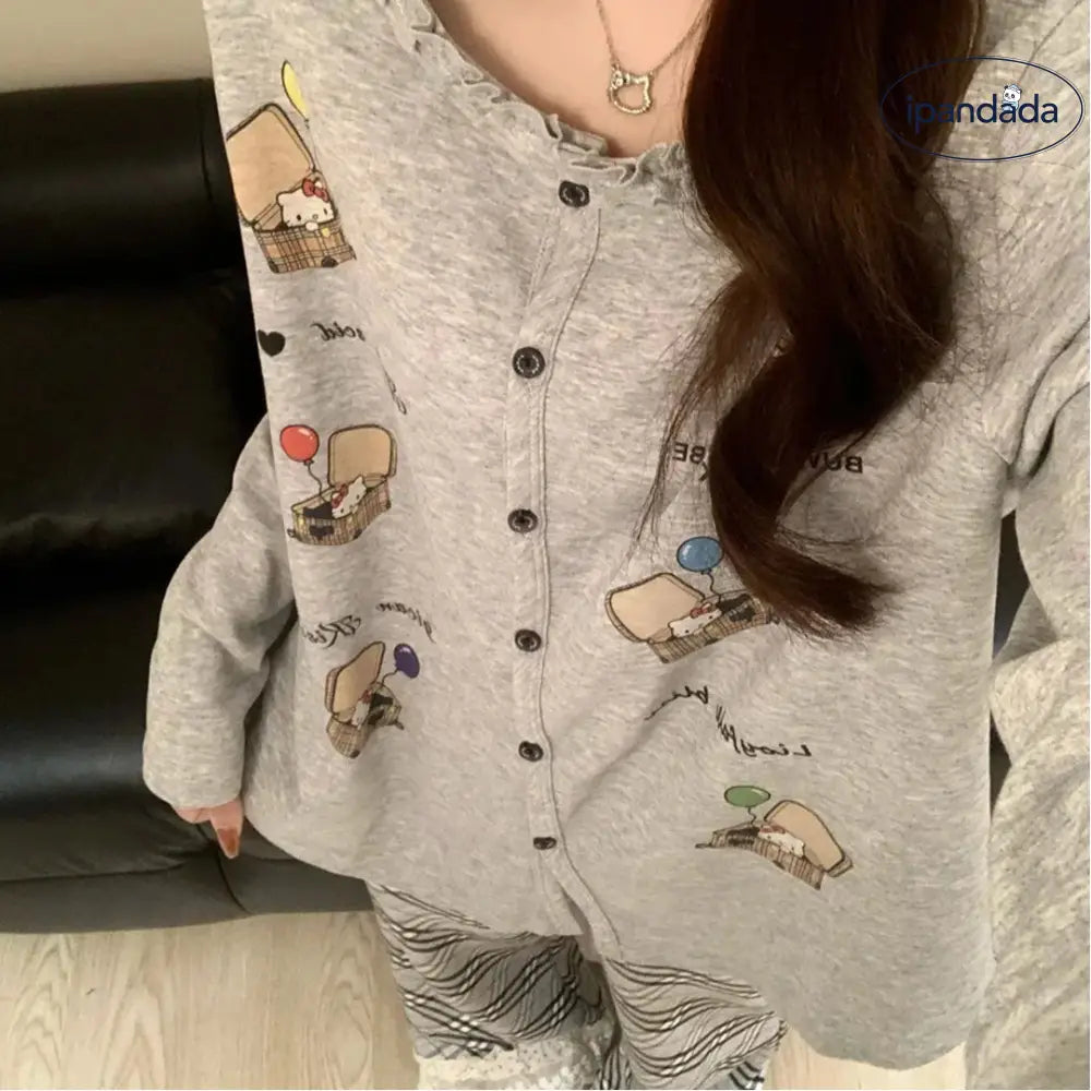 キティ 新作 パジャマ セット レース 付き 花柄 プリント カートゥーン 女性用 ルームウェア ホームウェア カジュアル 可愛い 甘い 柔らかい 長袖 長ズボン ゆったり プレゼント ID4162 レディース＞セットアップ