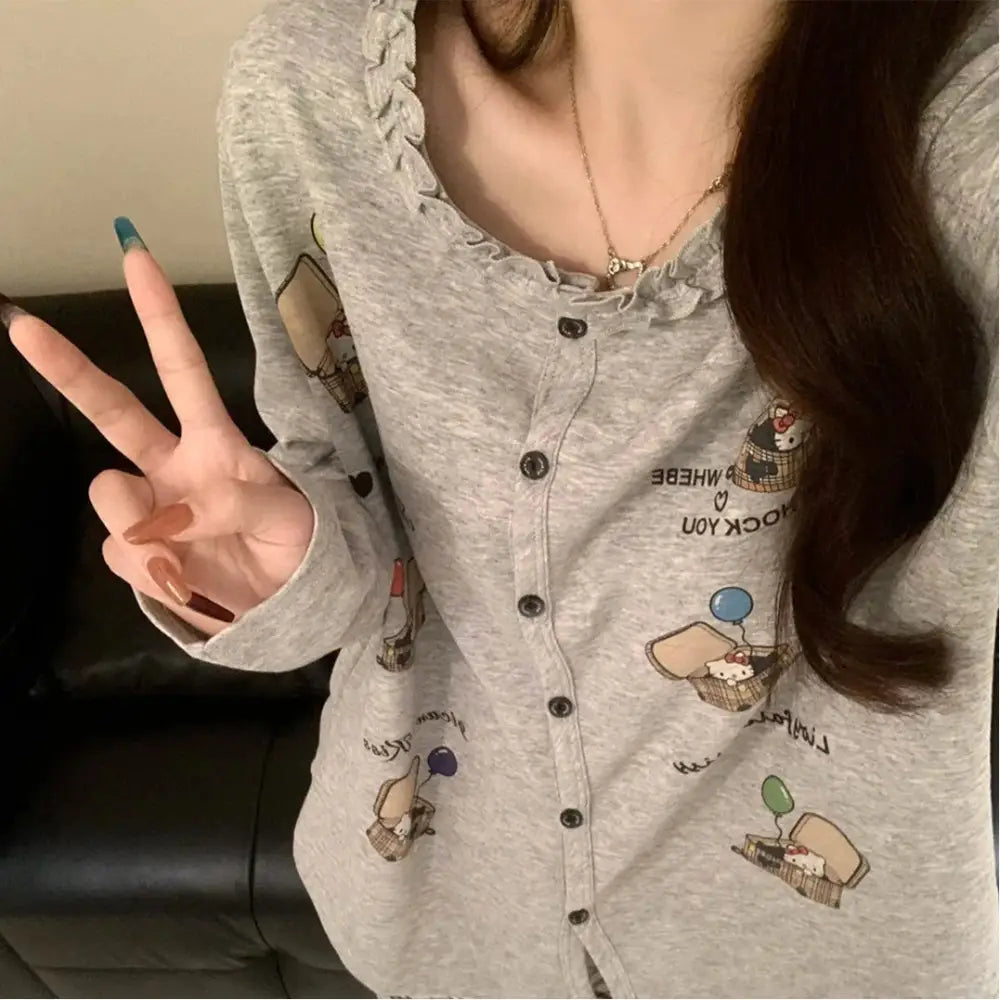 キティ 新作 パジャマ セット レース 付き 花柄 プリント カートゥーン 女性用 ルームウェア ホームウェア カジュアル 可愛い 甘い 柔らかい 長袖 長ズボン ゆったり プレゼント ID4162 グレー / S レディース＞セットアップ