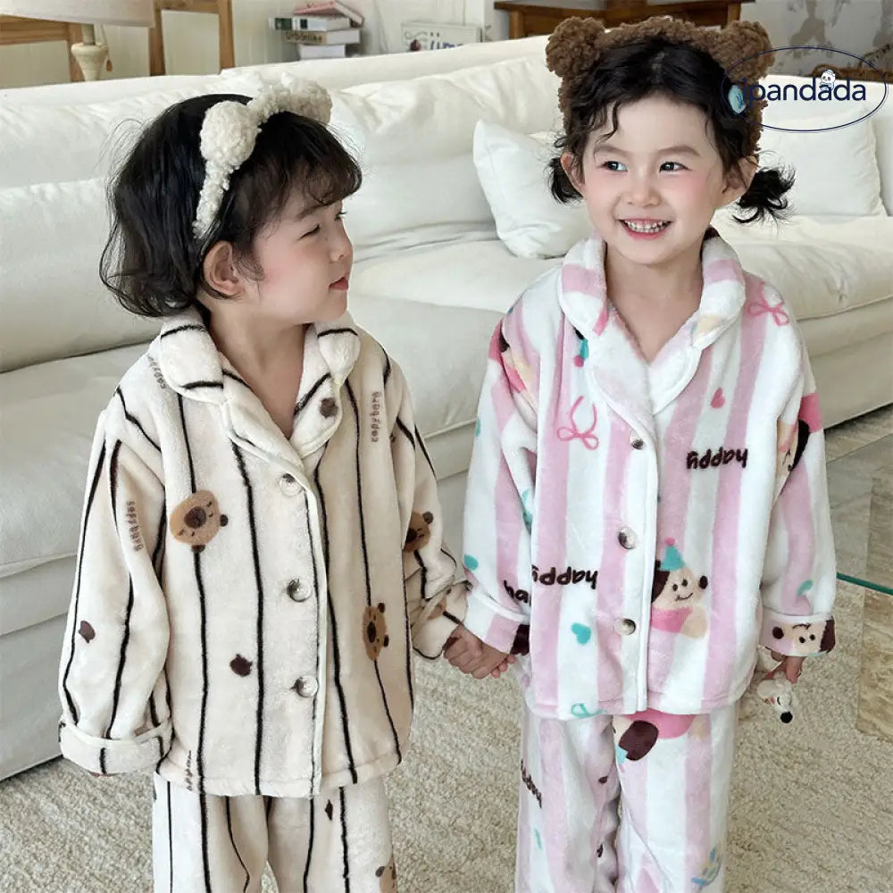 キッズ フランネル パジャマ 男の子 女の子 秋冬 厚手 セット ベビー カーディガン付き ルームウェア ID2968