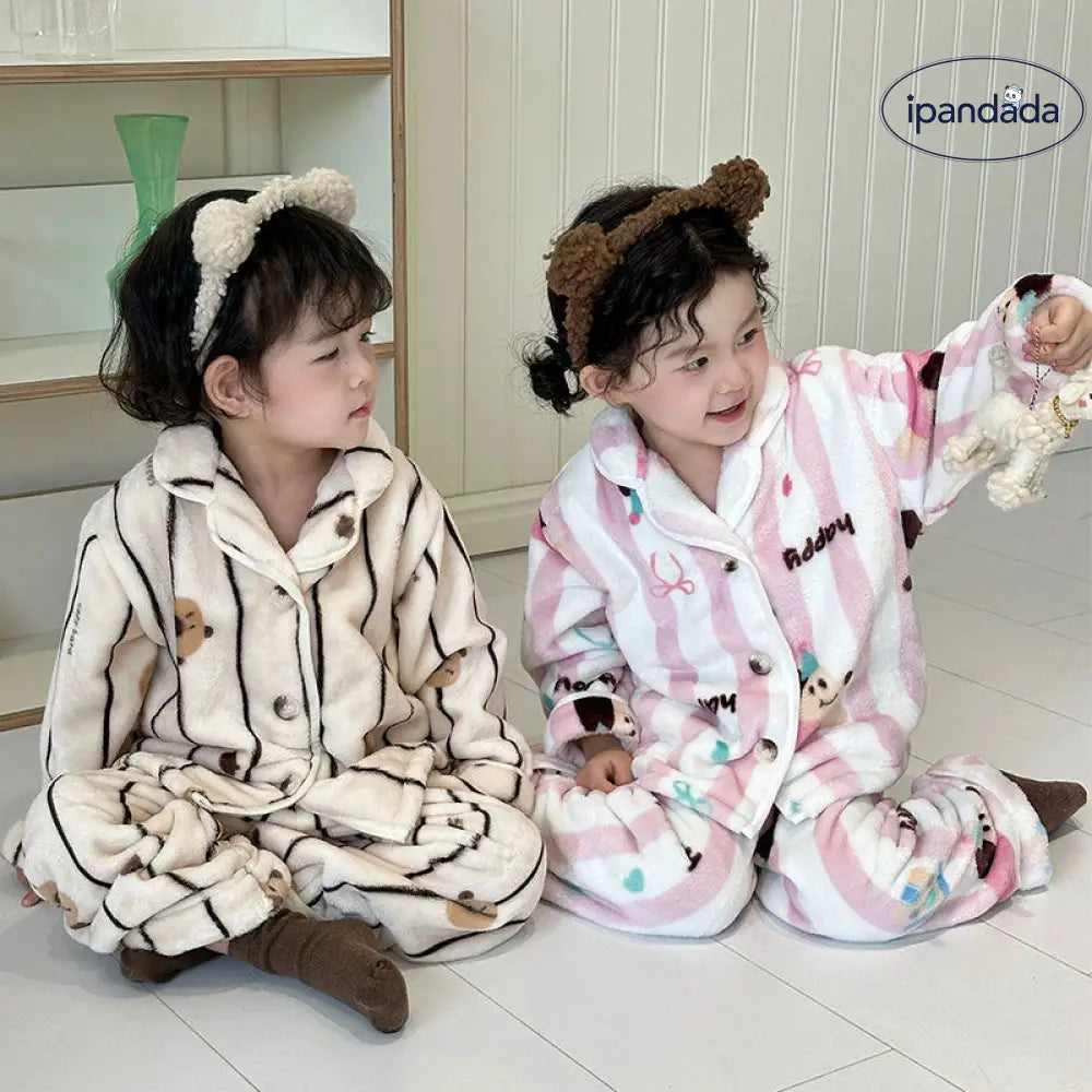 キッズ フランネル パジャマ 男の子 女の子 秋冬 厚手 セット ベビー カーディガン付き ルームウェア ID2968