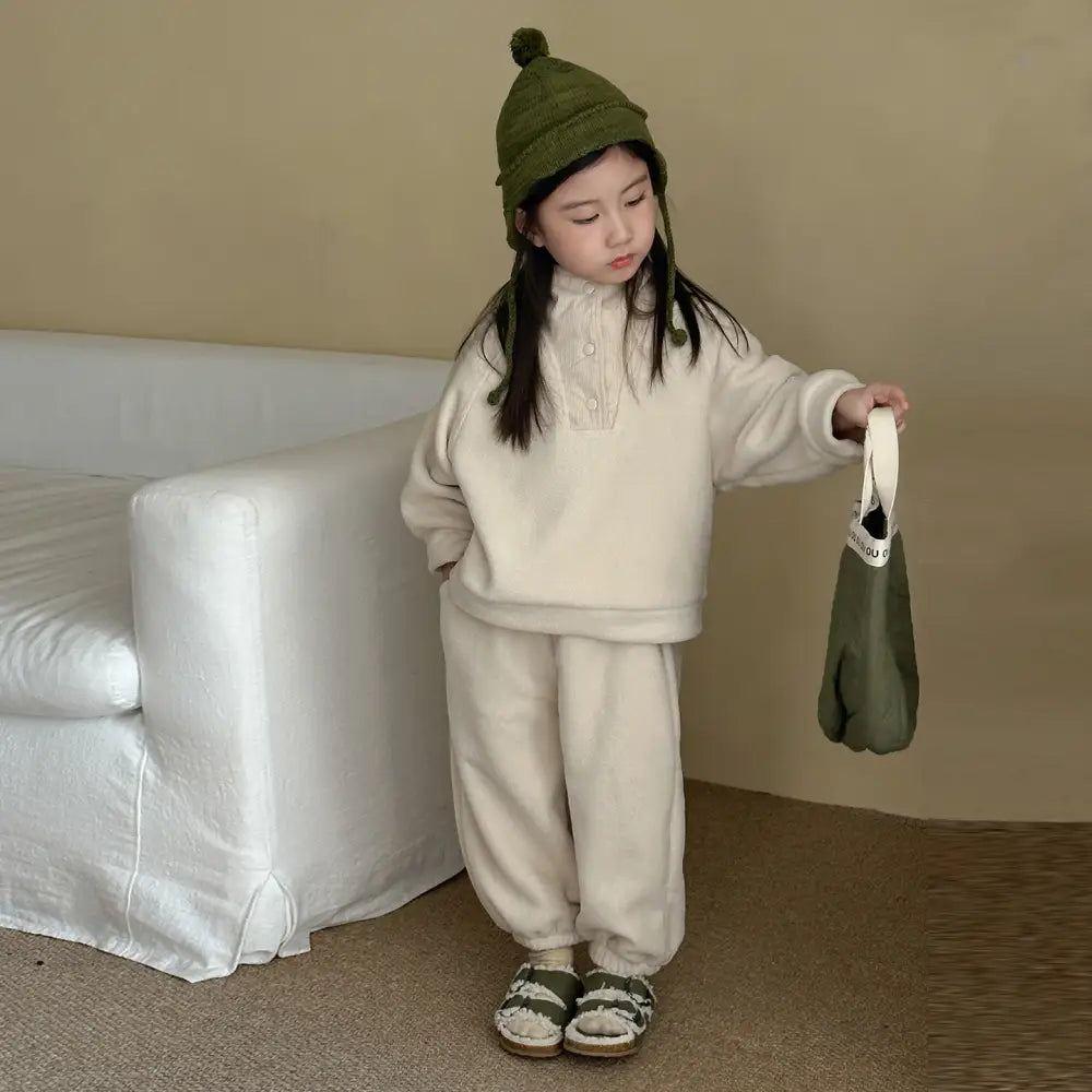 キッズ フリース セット 裏起毛 男の子 女の子 スポーツ 秋冬用 ベビー カジュアル スウェット 2点セット ID3551 アプリコット / 80cm