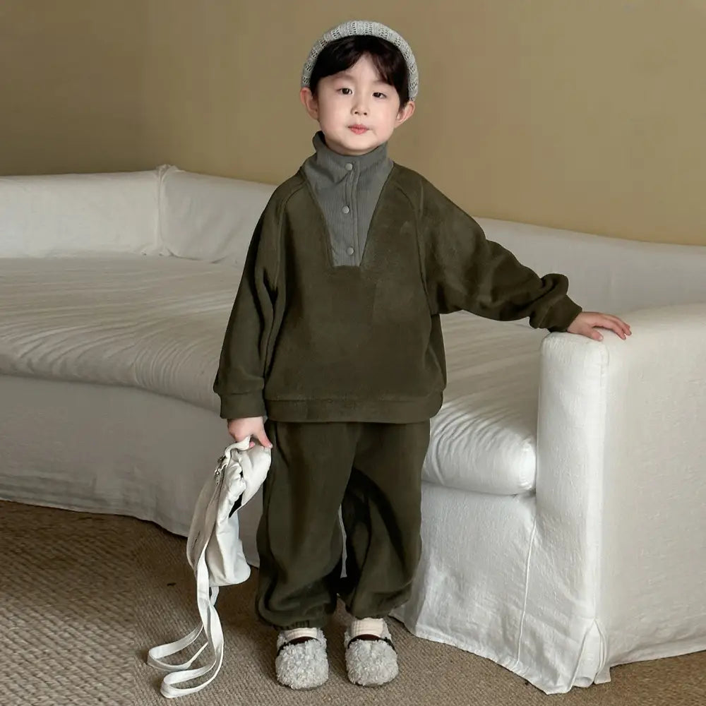 キッズ フリース セット 裏起毛 男の子 女の子 スポーツ 秋冬用 ベビー カジュアル スウェット 2点セット ID3551 カーキ / 80cm