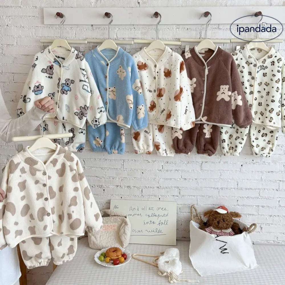 キッズ パジャマ セット フリース 男の子 女の子 冬用 カーディガン 裏起毛 加厚 保温 暖かい あったか もこもこ クリスマスプレゼント ID3163 ベビー＆キッズ