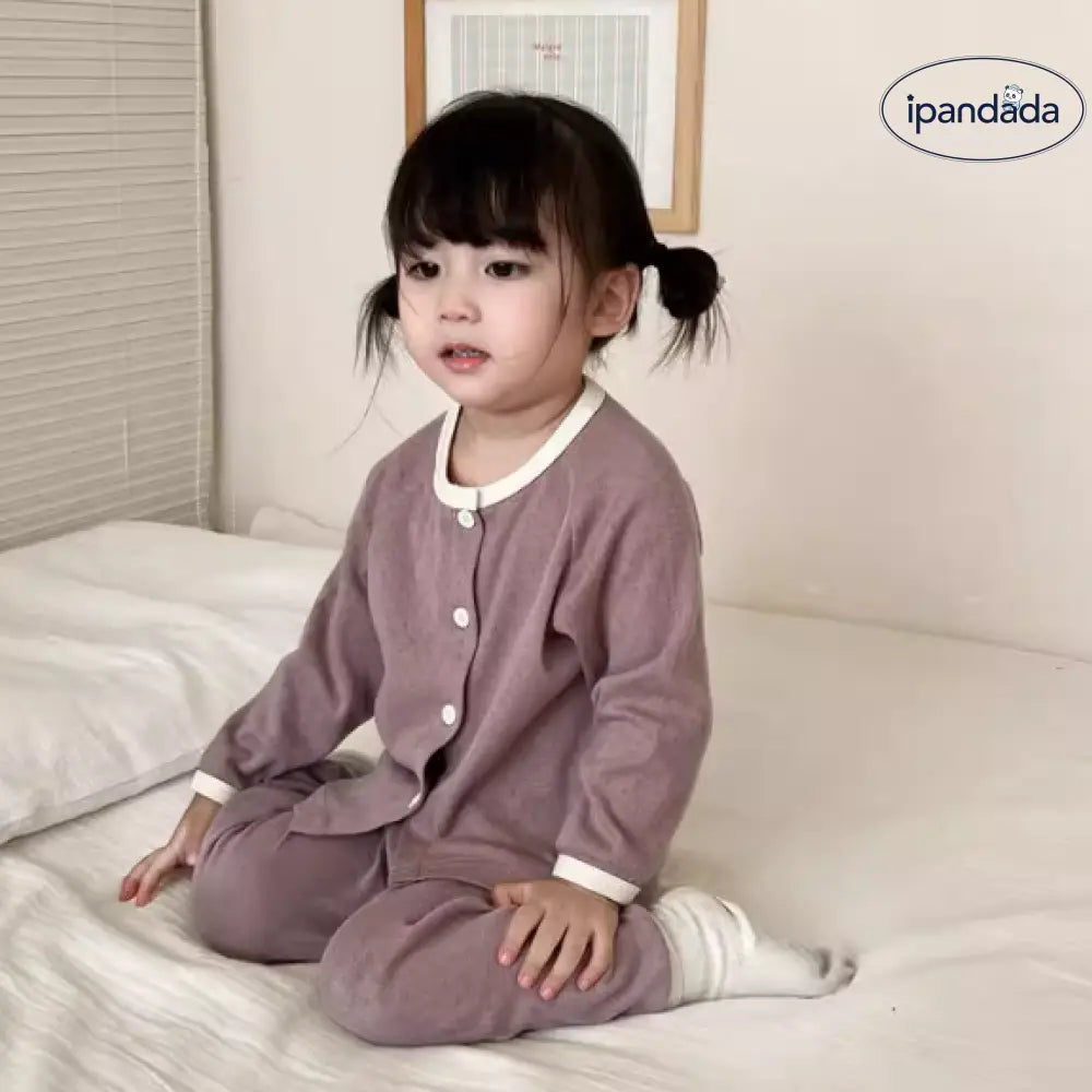 ID480 キッズ パジャマセット コットン カーディガン 男女兼用 韓国風 長袖 長パン ナイトウェア エアコン服 ルームウェア コーヒー / 90cm ベビー＆キッズ＞キッズ
