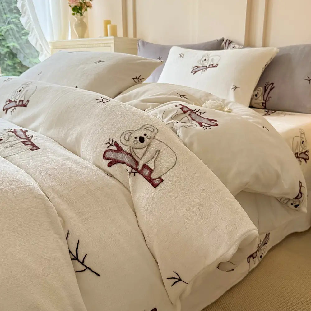 コアラフリース 4点セット 少女 清潔 学生寮 ベッドシーツ 4点セット 汚れに強い カートゥーン アニマル柄 ルームウェア 家庭用 ID2633