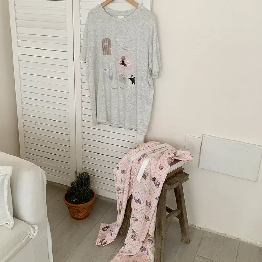 ID1479 コーヒー豆と子象モチーフ 接触冷感 パジャマセット レディース 半袖丸首 薄手 ゆったり ほっこりデザイン 吸汗速乾 抗菌防臭