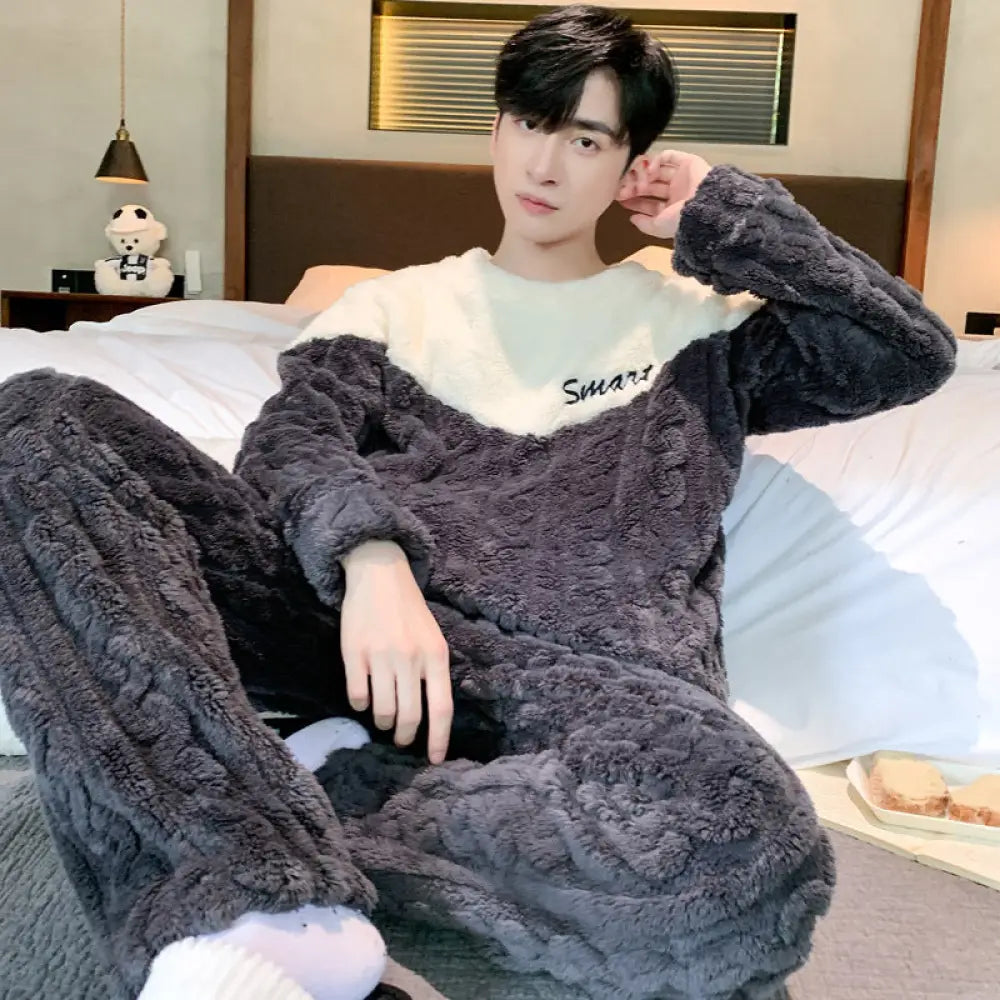 コーラル フリース パジャマ メンズ 冬用 厚手 フリース 秋冬 男性用 部屋着 セット ID3181 ダークグレー / L