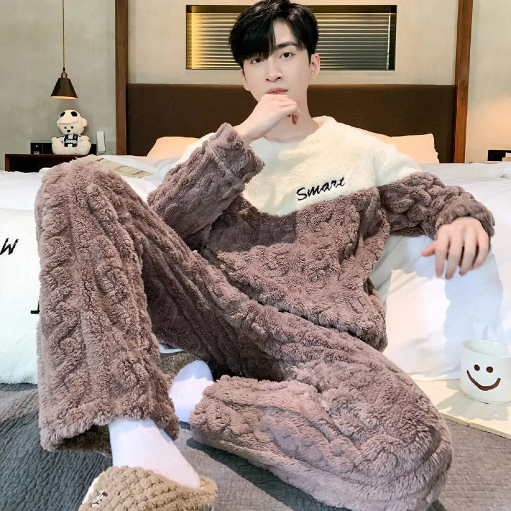 コーラル フリース パジャマ メンズ 冬用 厚手 フリース 秋冬 男性用 部屋着 セット ID3181 グレー / L