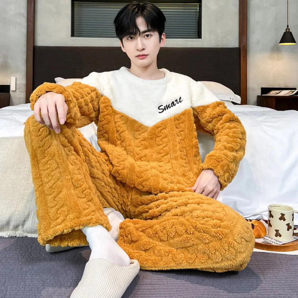 コーラル フリース パジャマ メンズ 冬用 厚手 フリース 秋冬 男性用 部屋着 セット ID3181 イエロー / L