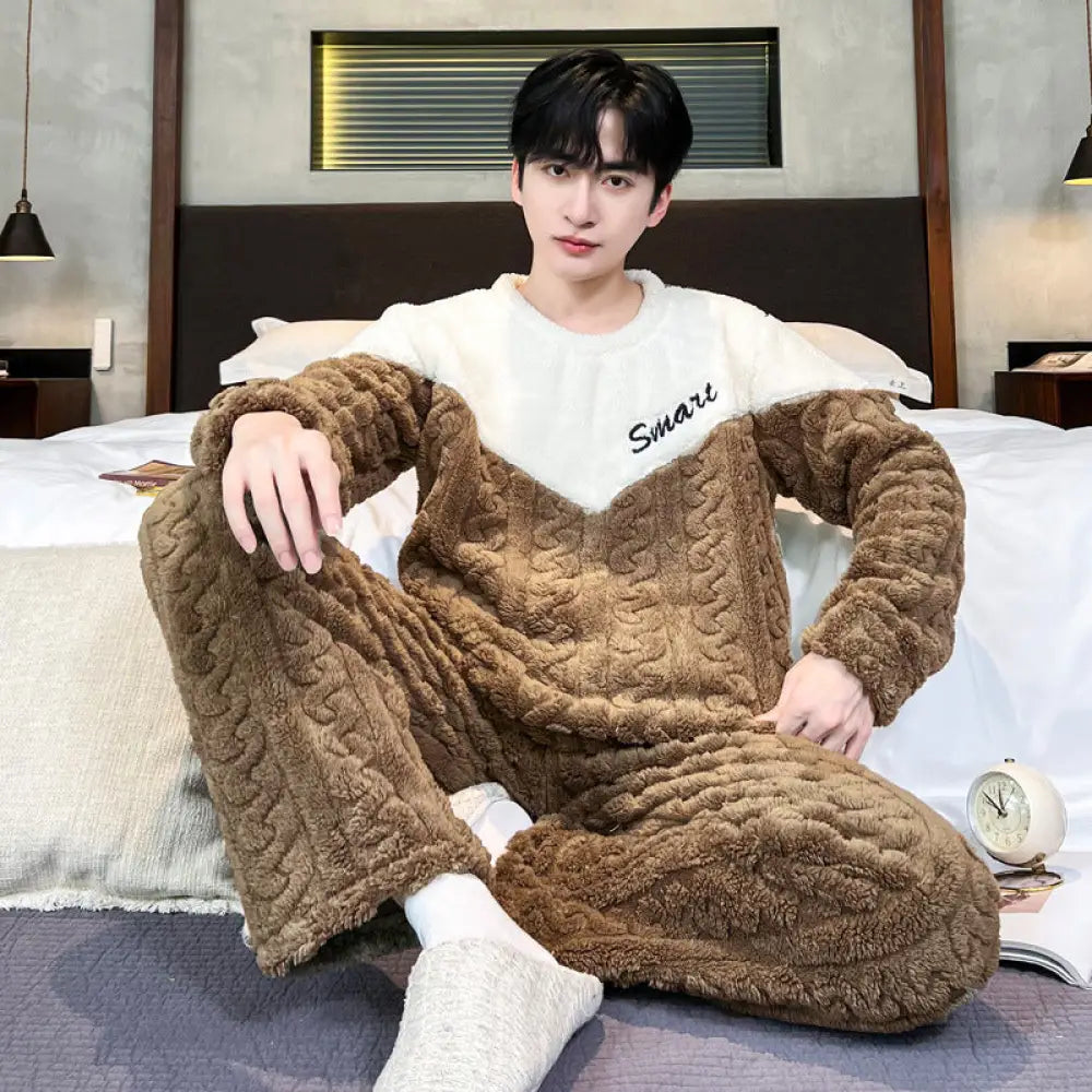 コーラル フリース パジャマ メンズ 冬用 厚手 フリース 秋冬 男性用 部屋着 セット ID3181 コーヒー / L