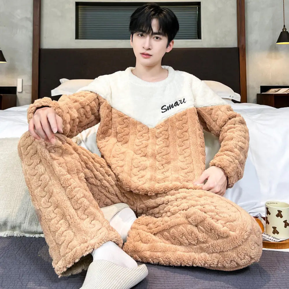 コーラル フリース パジャマ メンズ 冬用 厚手 フリース 秋冬 男性用 部屋着 セット ID3181 キャメル / L