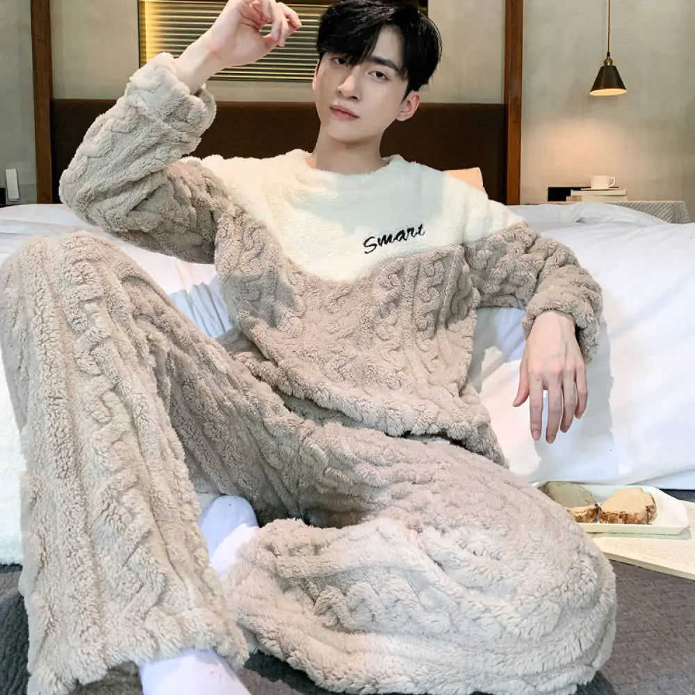 コーラル フリース パジャマ メンズ 冬用 厚手 フリース 秋冬 男性用 部屋着 セット ID3181 ライトグレー / L