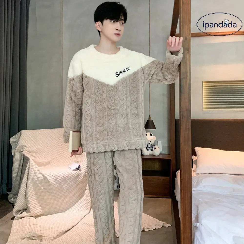 コーラル フリース パジャマ メンズ 冬用 厚手 フリース 秋冬 男性用 部屋着 セット ID3181