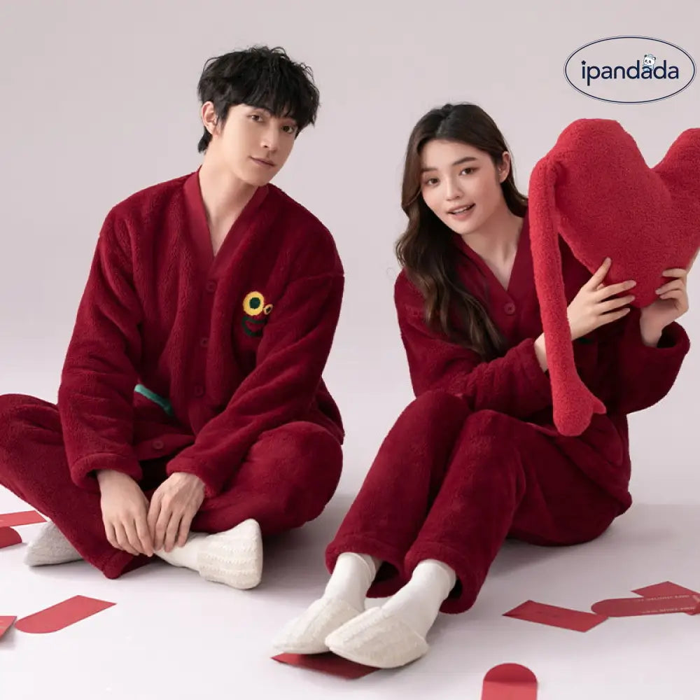 コーラルフリース カップル パジャマ 冬用 加厚 和服 保温 セット 大きいサイズ フランネル ルームウェア ID3004