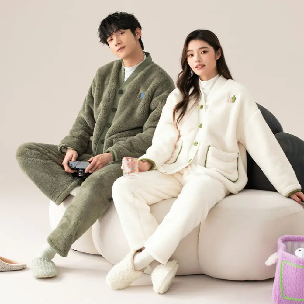 コーラルフリース カップル パジャマ 冬用 加厚 和服 保温 セット 大きいサイズ フランネル ルームウェア ID3004 タイプ① / レディースＭ