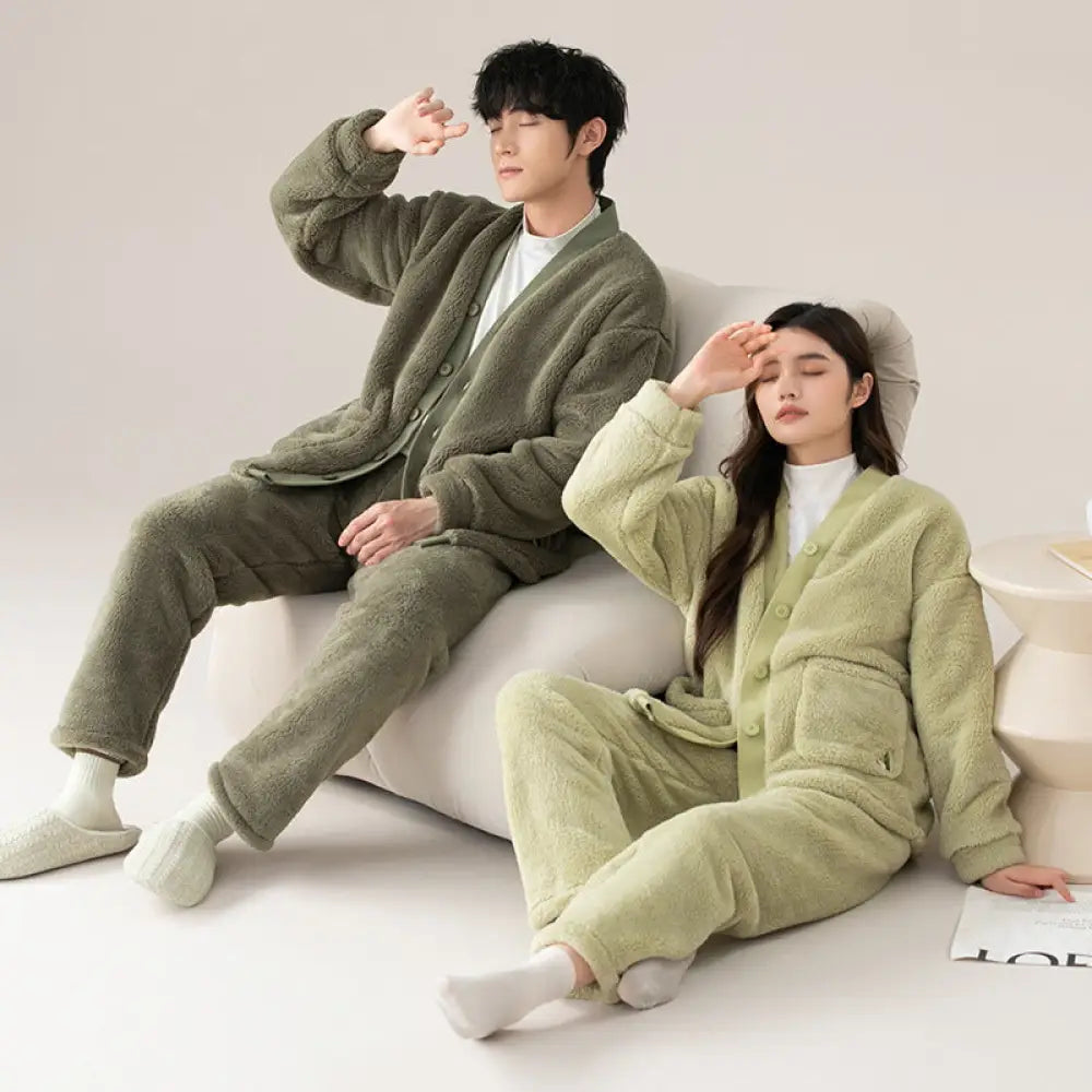 コーラルフリース カップル パジャマ 冬用 加厚 和服 保温 セット 大きいサイズ フランネル ルームウェア ID3004 タイプ② / レディースＭ