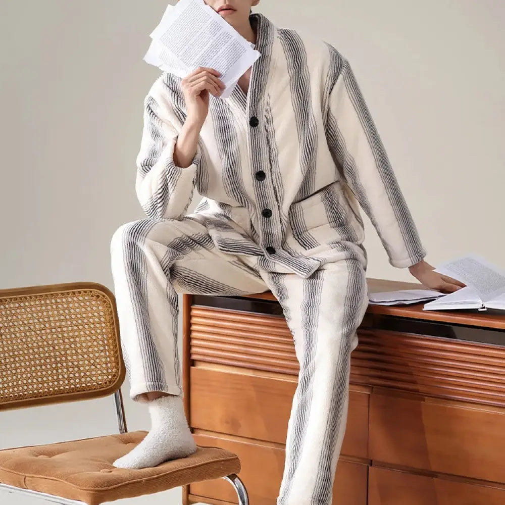 コーラルフリース メンズ パジャマ 冬用 加厚 フリース 新作 秋冬 保温 メンズ ルームウェア セット ID2992 タイプ① / L