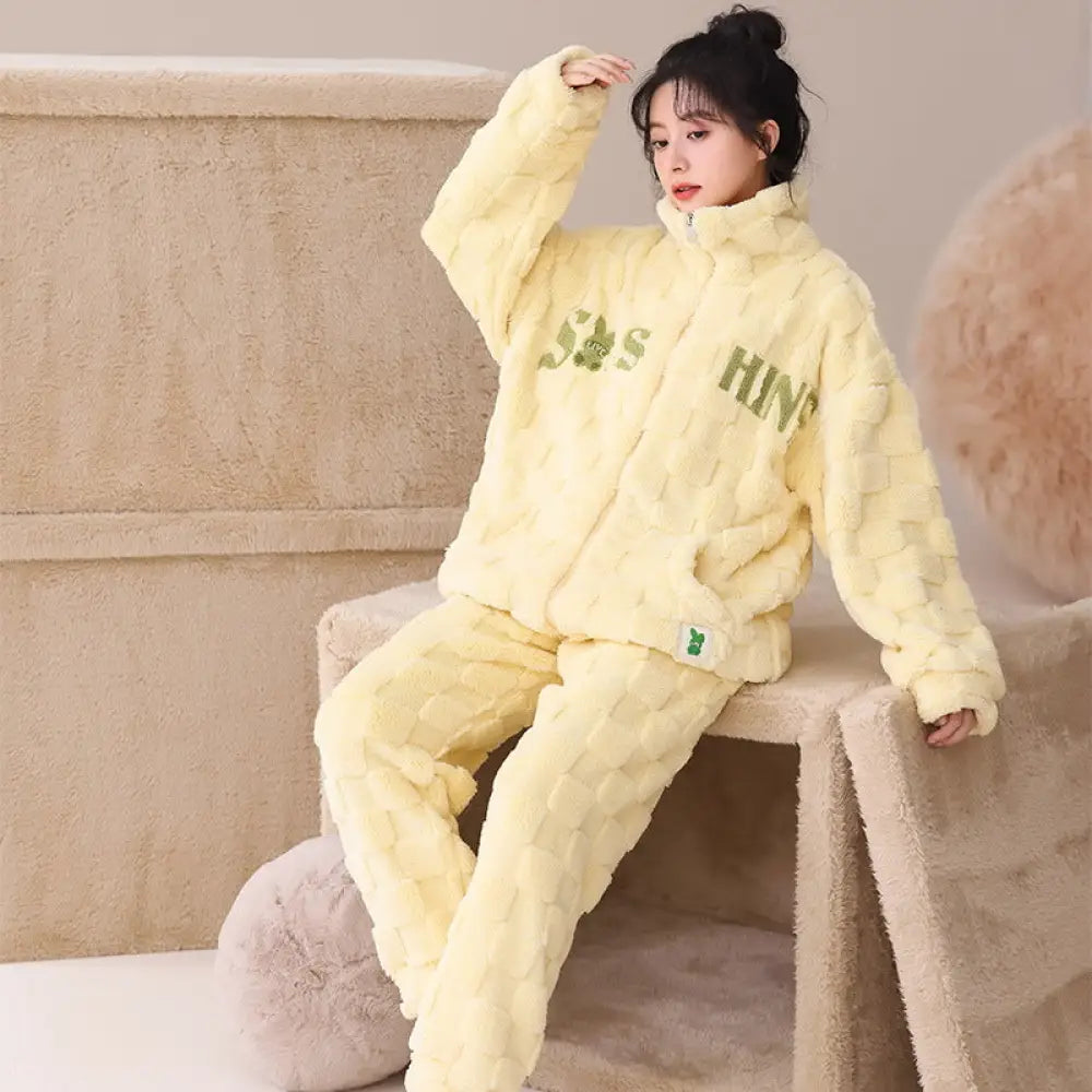 コーラルフリース パジャマ レディース 暖かい あったか 長袖 部屋着 冬用 新作 裏起毛 厚手 フランネル ピンク ルームウェア 秋冬用 ID3924 イエロー / M レディース＞セットアップ