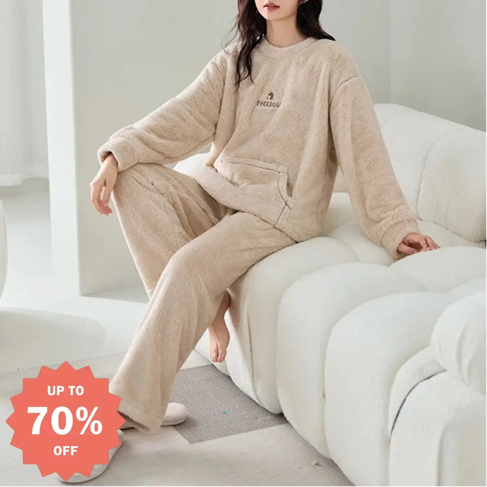 コーラルフリース 秋冬 新作 パジャマ レディース 厚手 フリース カジュアル コーラルフリース ルームウェア 保温 セット ID3589 ベージュ / M