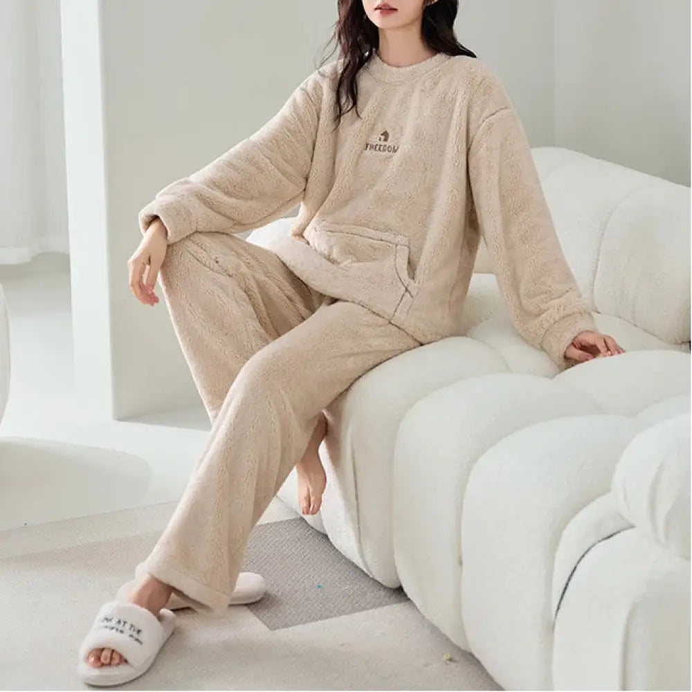 コーラルフリース 秋冬 新作 パジャマ レディース 厚手 フリース カジュアル コーラルフリース ルームウェア 保温 セット ID3589 ベージュ / M