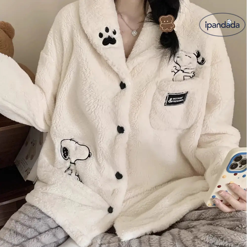 コーラルフリース 冬季 厚手 スヌーピー フランネル 長袖 パジャマ レディース かわいい 保温 ルームウェア ID3605