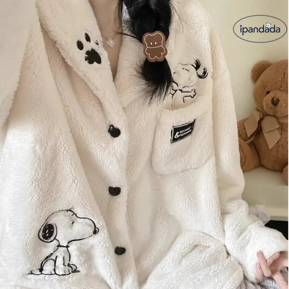 コーラルフリース 冬季 厚手 スヌーピー フランネル 長袖 パジャマ レディース かわいい 保温 ルームウェア ID3605