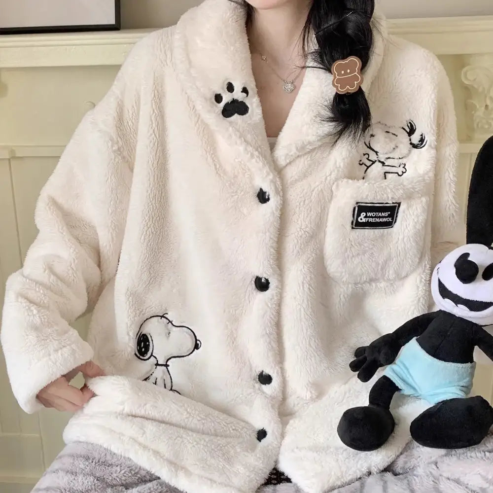 コーラルフリース 冬季 厚手 スヌーピー フランネル 長袖 パジャマ レディース かわいい 保温 ルームウェア ID3605 タイプ① / M