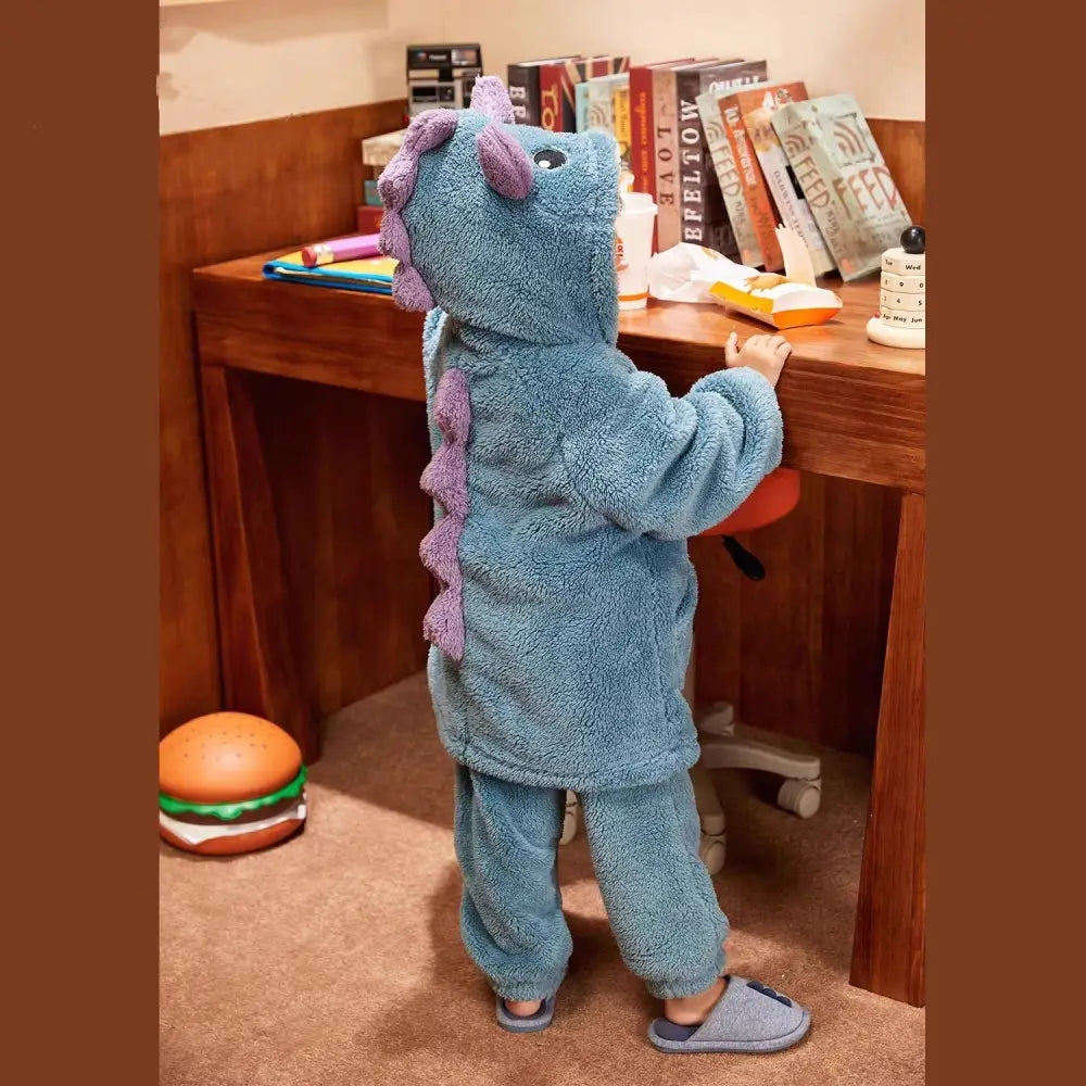 コーラルフリース 子供 ローブ 秋冬 部屋着 ベビー 小恐竜 裏起毛 パジャマ 冬季 男の子 セットアップ ID3419 バスローブ+パンツ / 100cm