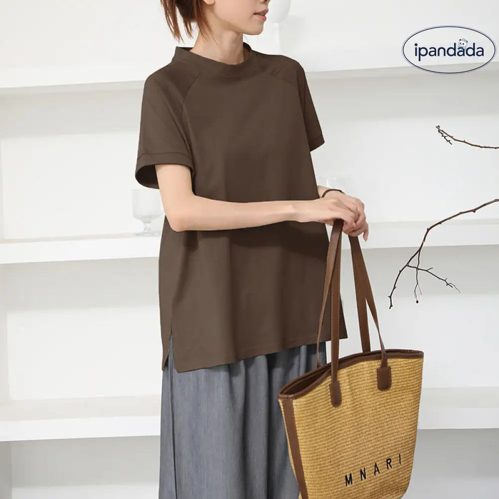ID1622 コットン 半袖 Tシャツ 女性用 夏用 無地 カジュアル ラウンドネック サイドスリット裾 トップス コーヒー / M 外出着＞トップス