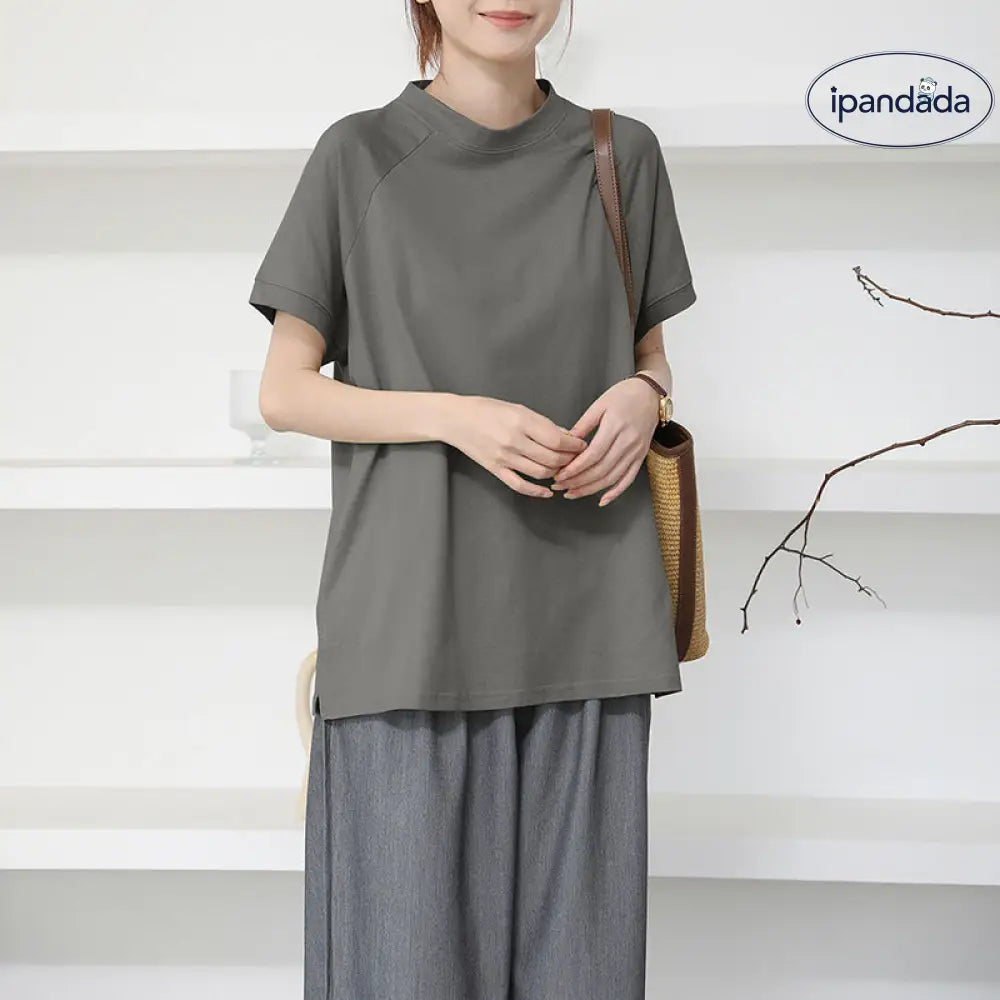ID1622 コットン 半袖 Tシャツ 女性用 夏用 無地 カジュアル ラウンドネック サイドスリット裾 トップス ダークグレー / M 外出着＞トップス
