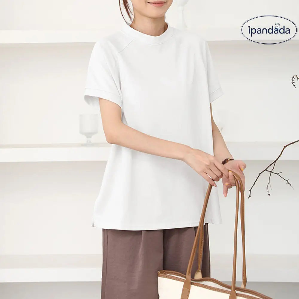 ID1622 コットン 半袖 Tシャツ 女性用 夏用 無地 カジュアル ラウンドネック サイドスリット裾 トップス ホワイト / M 外出着＞トップス