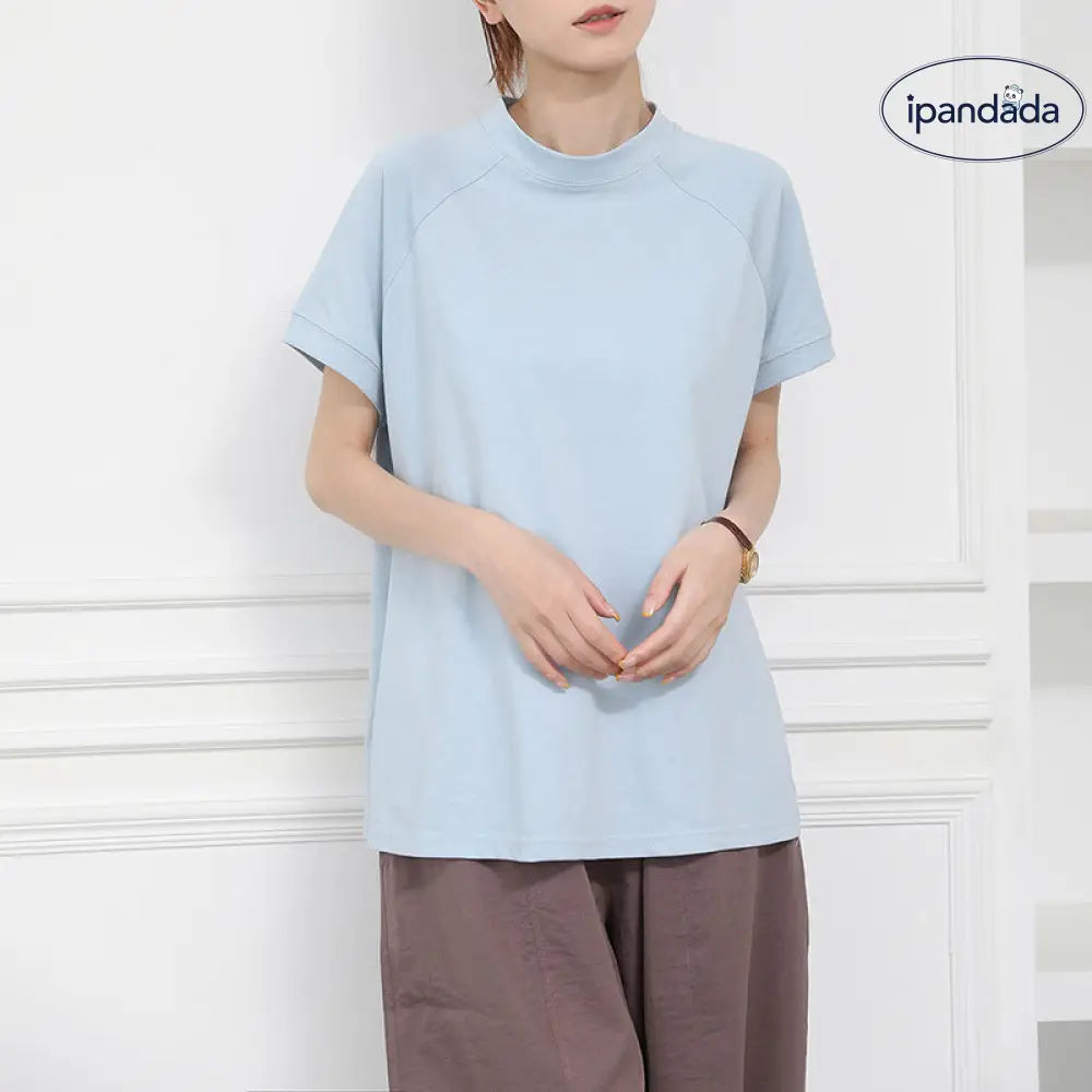 ID1622 コットン 半袖 Tシャツ 女性用 夏用 無地 カジュアル ラウンドネック サイドスリット裾 トップス ライトブルー / M 外出着＞トップス