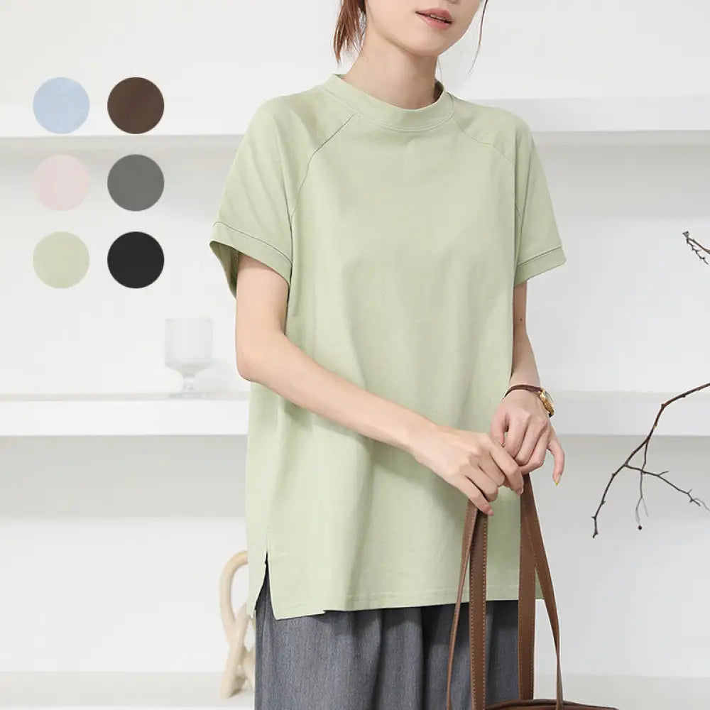 ID1622 コットン 半袖 Tシャツ 女性用 夏用 無地 カジュアル ラウンドネック サイドスリット裾 トップス