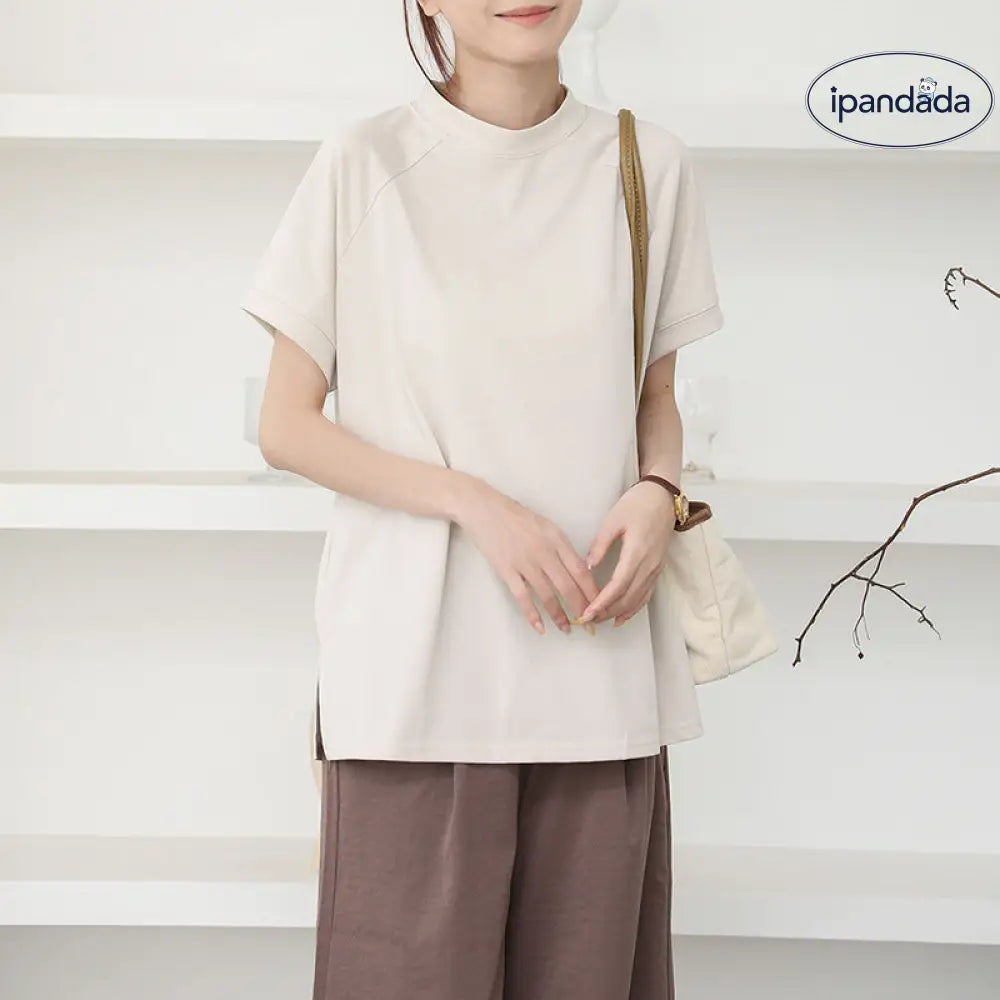 ID1622 コットン 半袖 Tシャツ 女性用 夏用 無地 カジュアル ラウンドネック サイドスリット裾 トップス