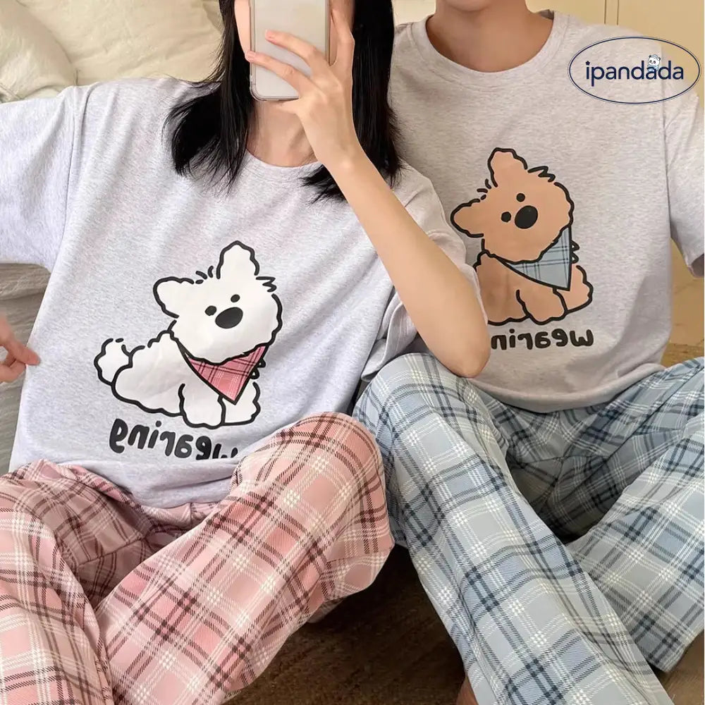 コットン 半袖 長ズボン ユニセックス カップルパジャマ 夏 かわいい チェック 小犬 大きめサイズ 春秋 ルームウェア ID4698