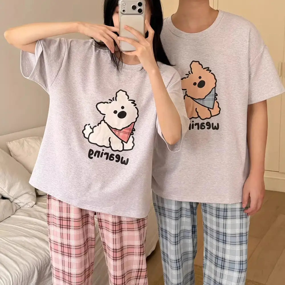 コットン 半袖 長ズボン ユニセックス カップルパジャマ 夏 かわいい チェック 小犬 大きめサイズ 春秋 ルームウェア ID4698