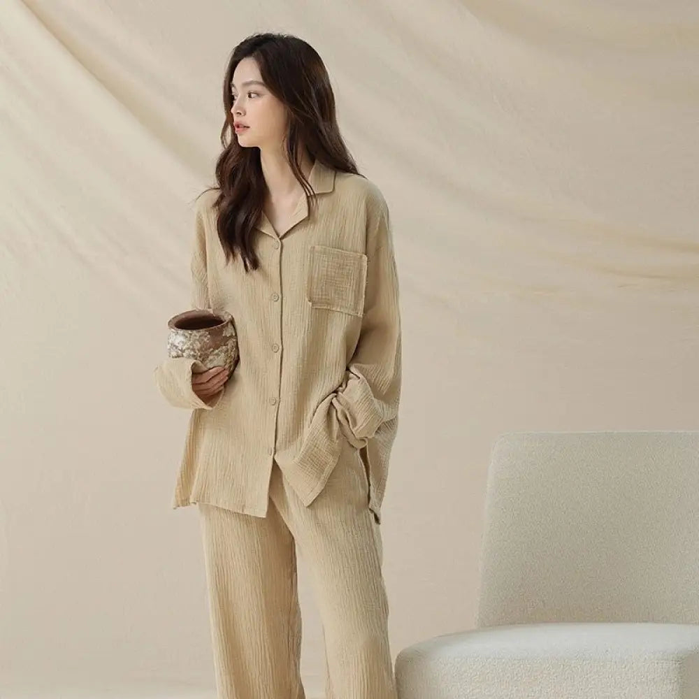 コットン ダブルガーゼ ピュアコットン カップル パジャマ レディース 長袖 メンズ ルームウェア ID3713 ベージュ / レディースＭ