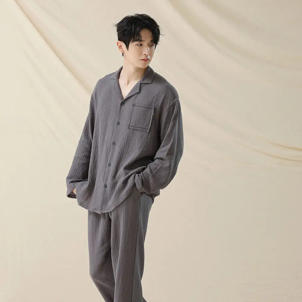 コットン ダブルガーゼ ピュアコットン カップル パジャマ レディース 長袖 メンズ ルームウェア ID3713 ダークグレー / レディースＭ