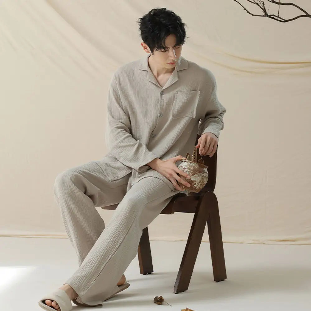 コットン ダブルガーゼ ピュアコットン カップル パジャマ レディース 長袖 メンズ ルームウェア ID3713 グレー / レディースＭ