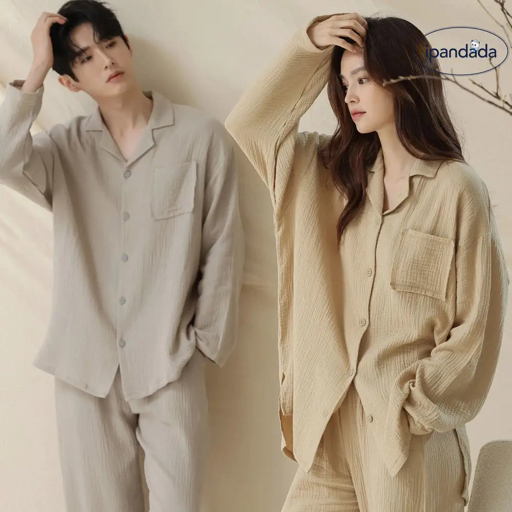 コットン ダブルガーゼ ピュアコットン カップル パジャマ レディース 長袖 メンズ ルームウェア ID3713