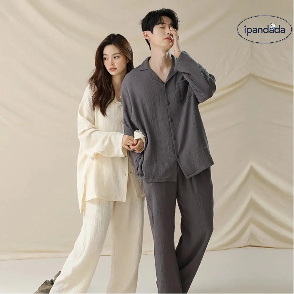コットン ダブルガーゼ ピュアコットン カップル パジャマ レディース 長袖 メンズ ルームウェア ID3713