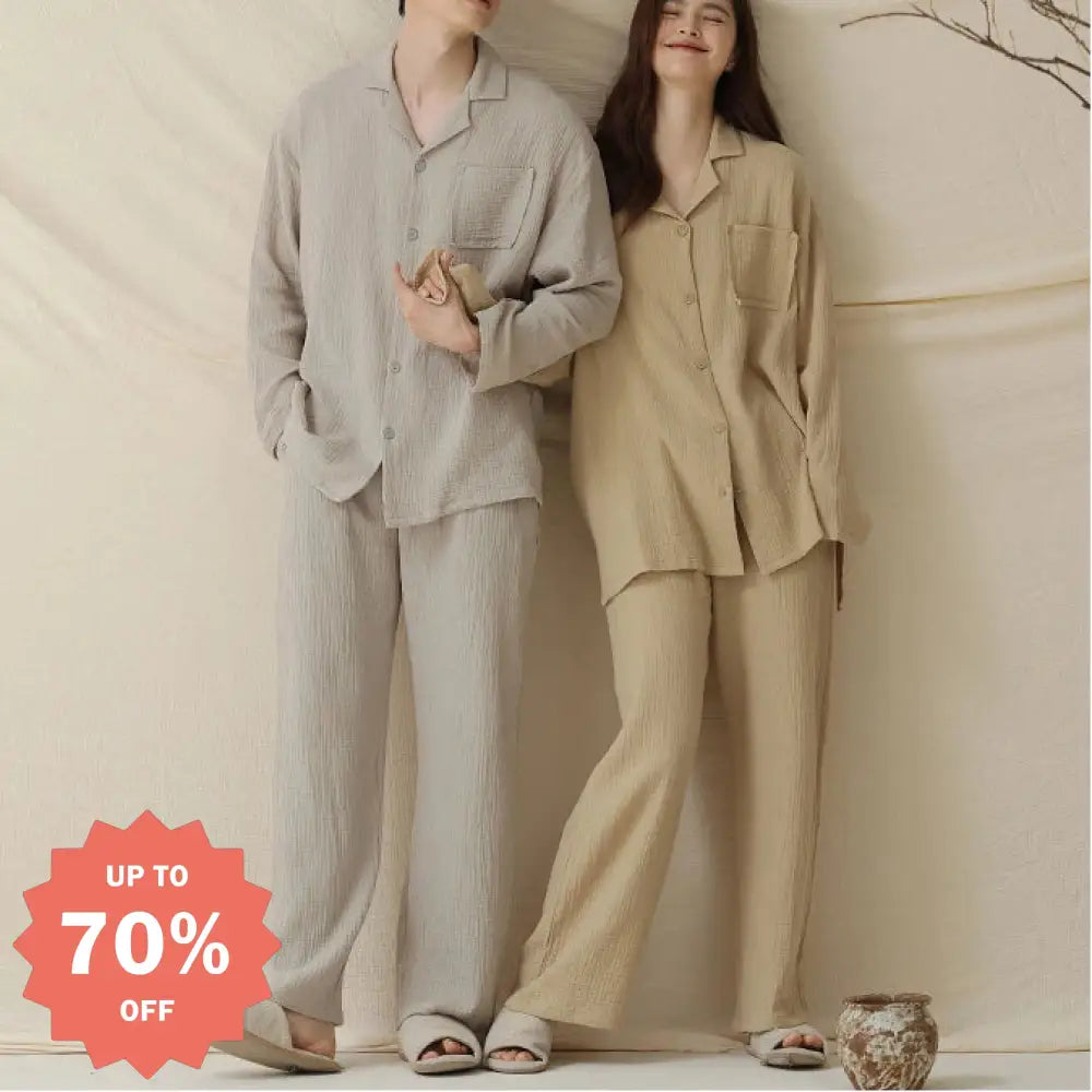 コットン ダブルガーゼ ピュアコットン カップル パジャマ レディース 長袖 メンズ ルームウェア ID3713