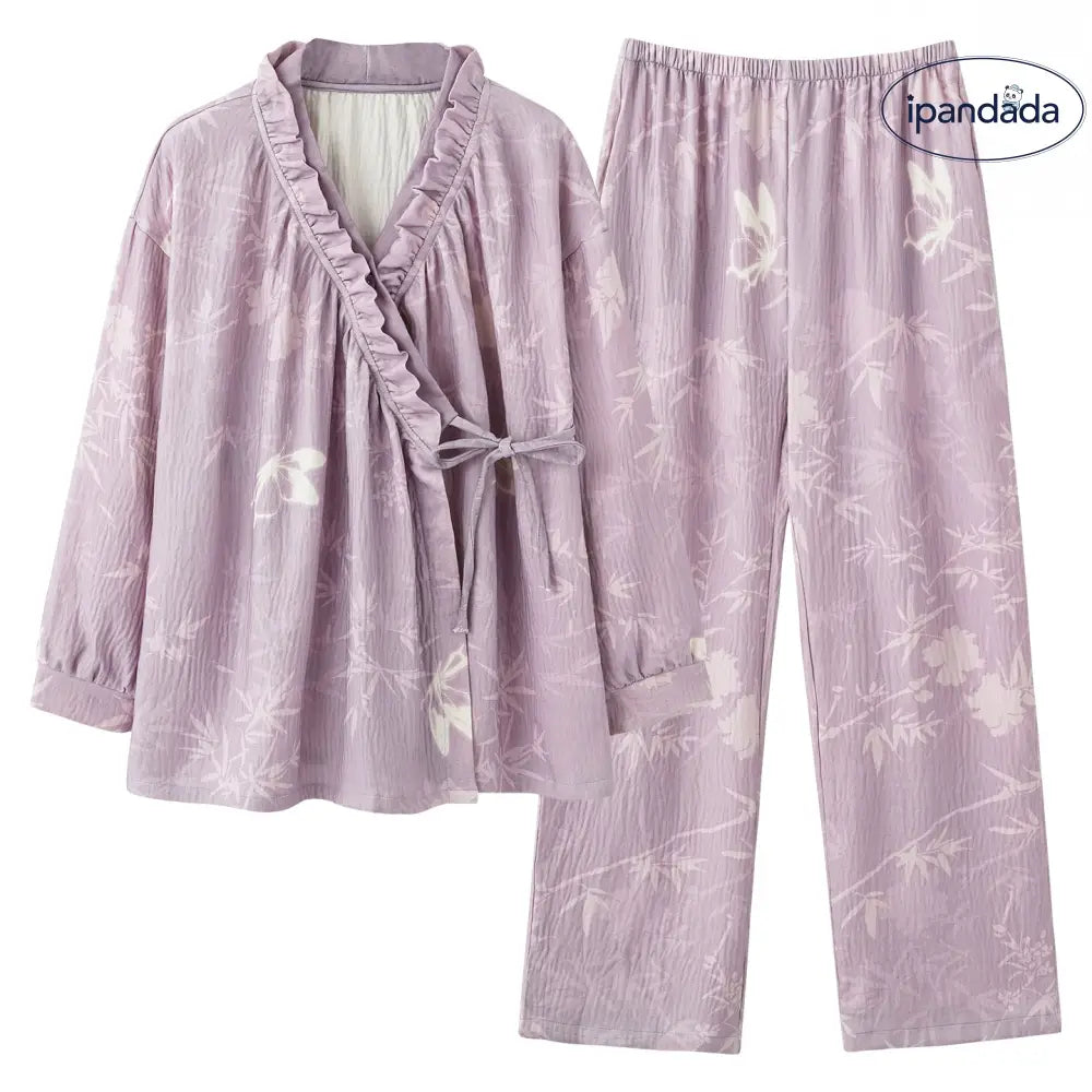コットン ガーゼ パジャマ 春秋用 長袖 ゆったり ホームウェア セット ID4135