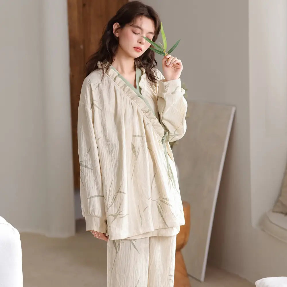 コットン ガーゼ パジャマ 春秋用 長袖 ゆったり ホームウェア セット ID4135 タイプ④ / M