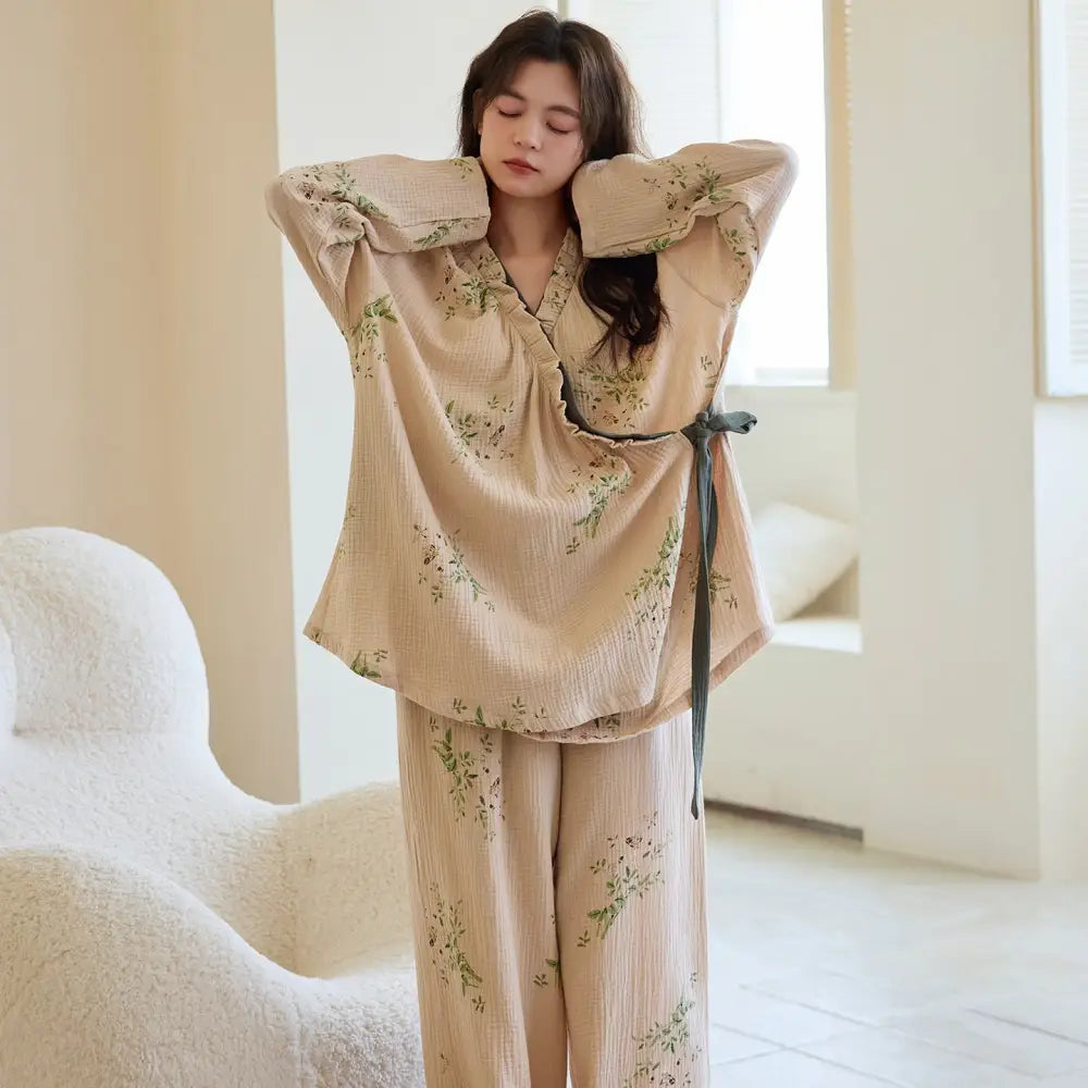 コットン ガーゼ パジャマ 春秋用 長袖 ゆったり ホームウェア セット ID4135 タイプ⑤ / M